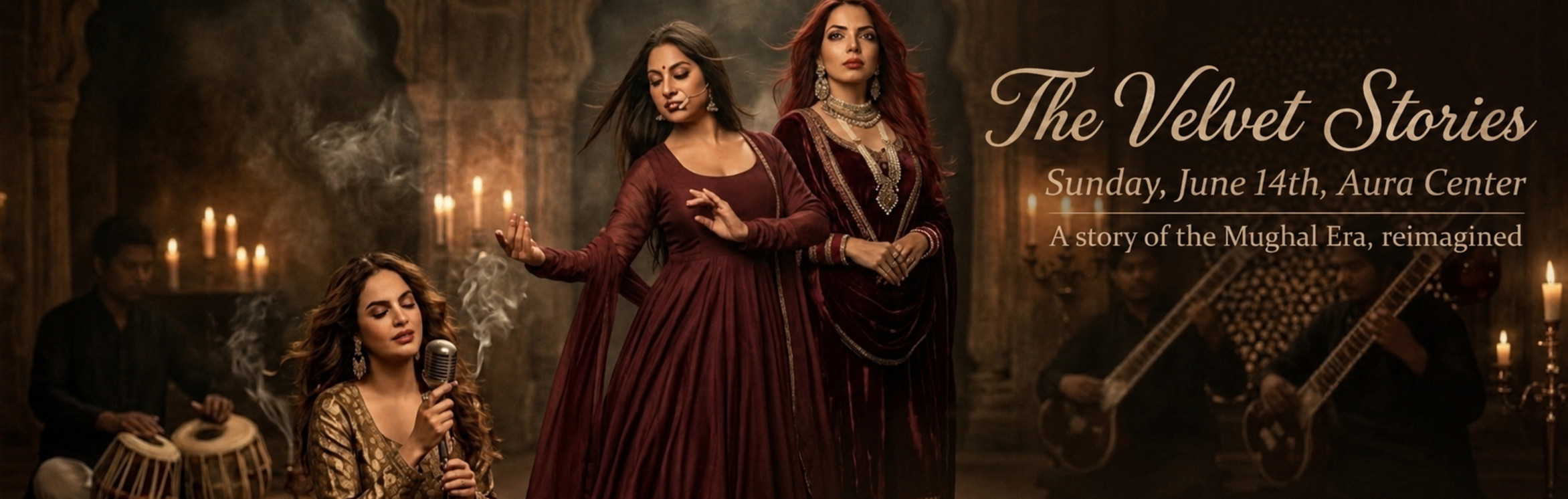 Key art for The Velvet Stories — a three-women-led reimagining of the Mughal era, where live music and dance move as one. Sunday, June 14th at Aura Event Center.