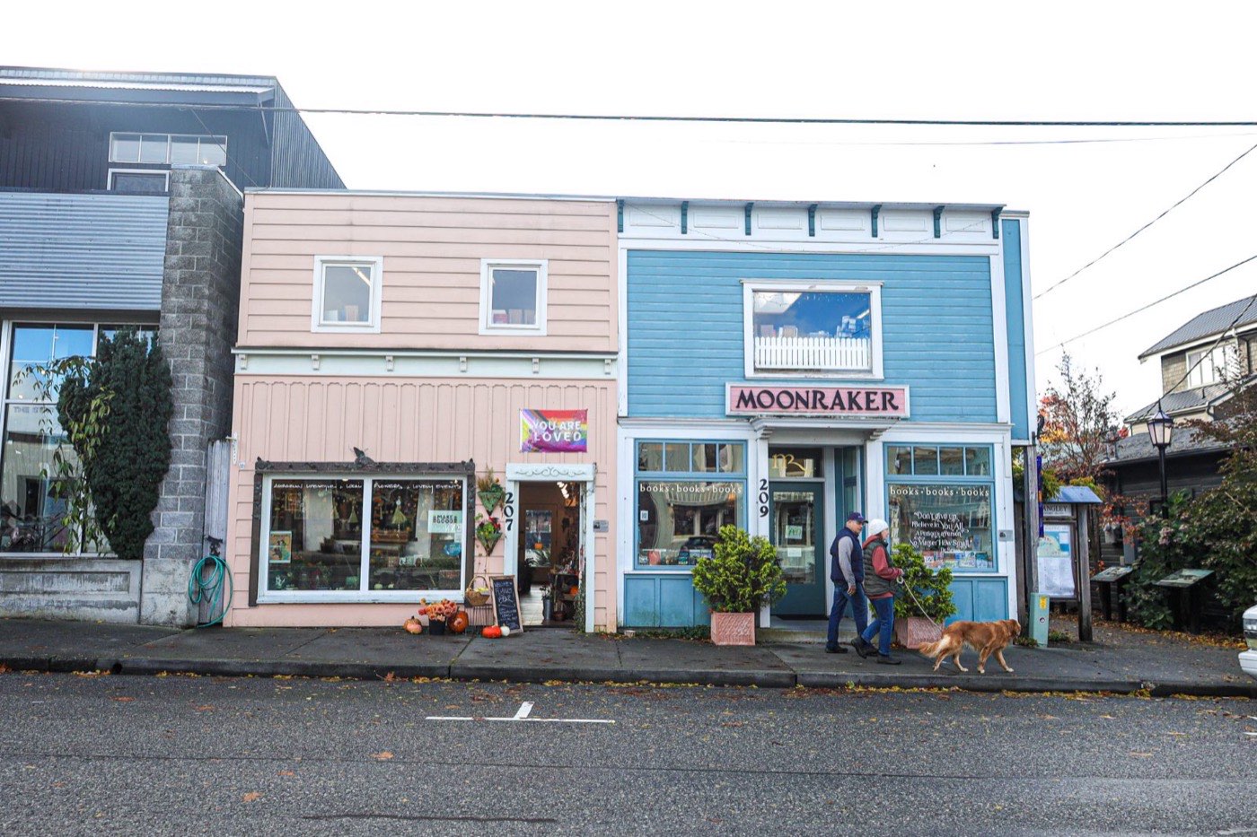 Two people walking a dog past pastel storefronts on a Langley street