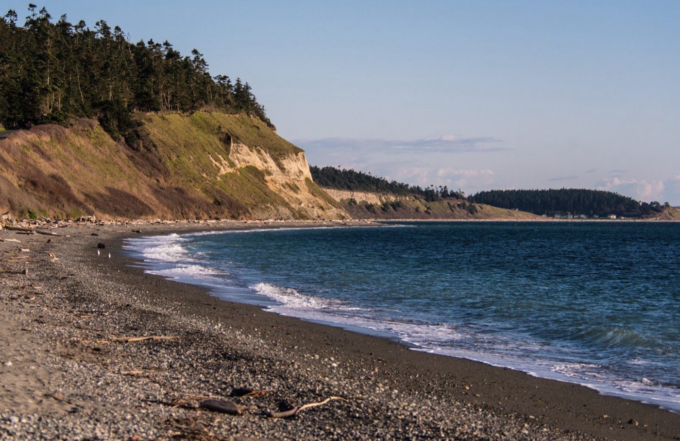 Empty pebble beach beneath a green bluff on Whidbey Island